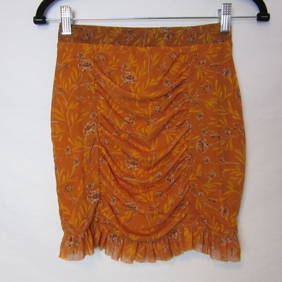 Free People Romi Mesh Mini Skirt Orange Floral Rushed Ruffle Festival Womens XS - Picture 2 of 6